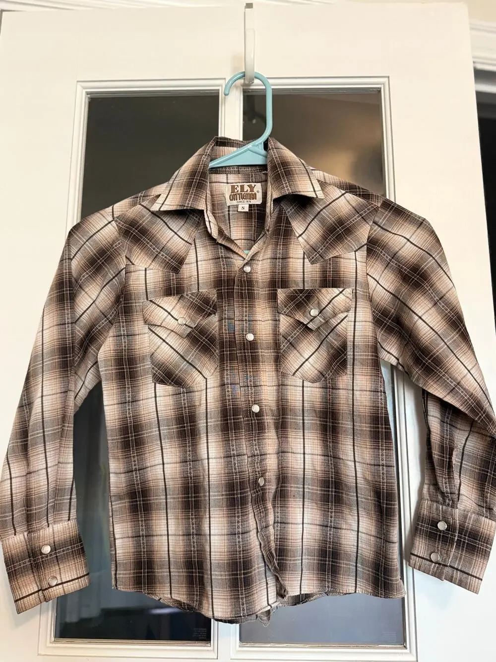 ELY Cattleman Kids Western Pearl Snap Plaid Shirt Brown Long Sleeve Small
